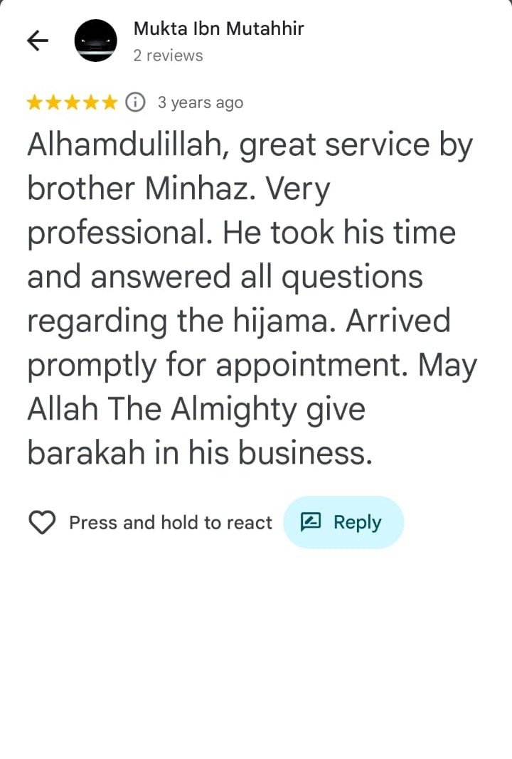 Positive Google Review stating trust in Hidayah Health as a top Hijama training and therapy provider in the UK.